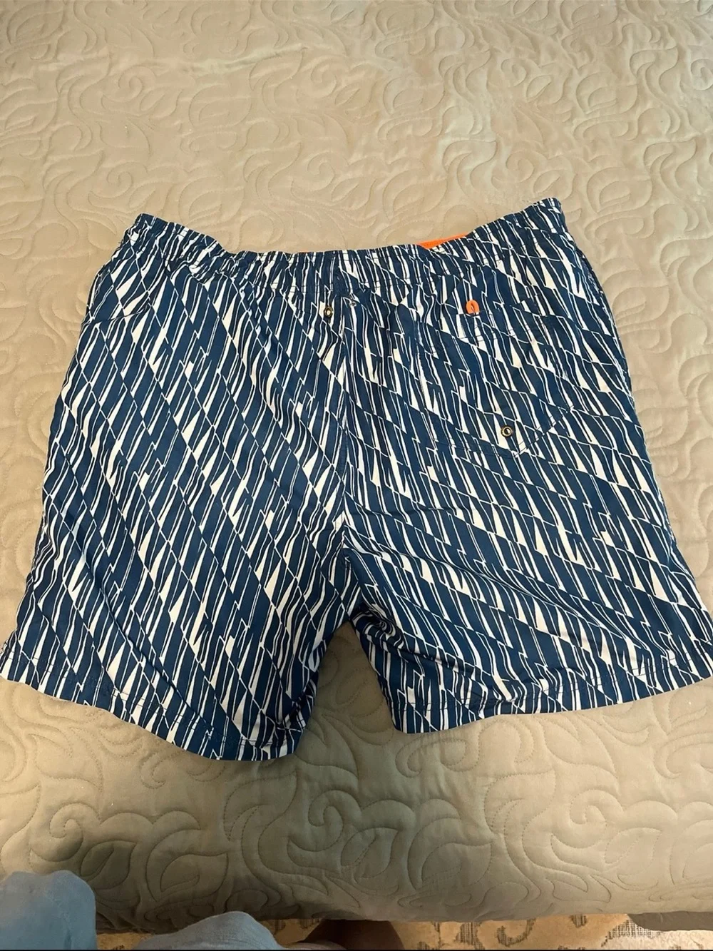 Lands' End Navy Geometric Swim Trunks with Orange Drawstring